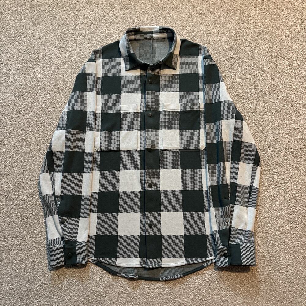 Lululemon Soft Knit Overshirt Mens Sz M Buffalo Check Plaid Dark Forest Bone